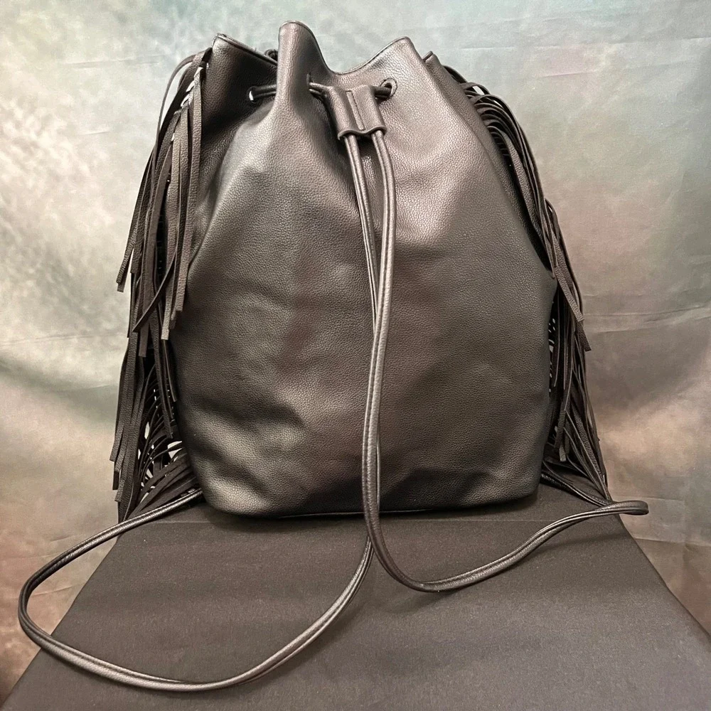 Victorias Secret‎ Black Faux Leather Fringe Drawstring Backpack Gold Logo Bag